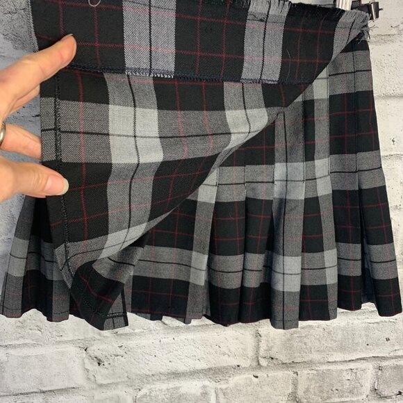 Vintage 90s Y2K Pleated Grey Black Plaid Wrap Mini Skirt - Picture 4 of 11